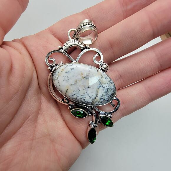 Sterling Silver Dendritic Agate and Green Quartz Pendant Necklace - 20" Chain - Picture 8 of 9